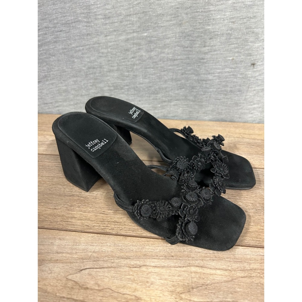 Jeffrey Campbell Black Suede Floral Applique Block Heel Slide Sandals Size 8.5